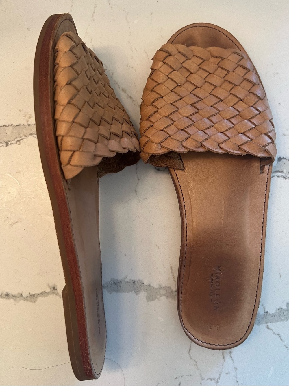 Mikoleon Handmade Leather Woven Slide Sandals Tan Size 41 (US size 11)